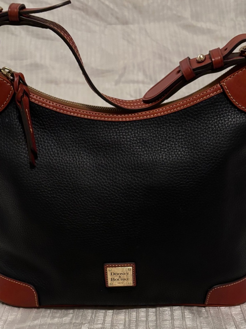 Dooney & Bourke Black Pebble Leather Hobo Shoulder Bag Brown Trim